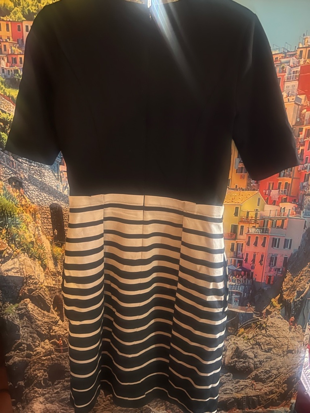 White House Black Market Black Top with Black and White Striped Midi Skirt